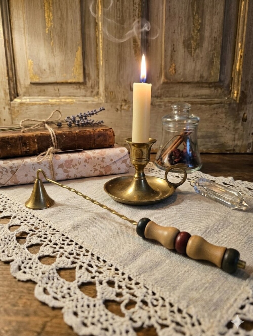 Vintage Brass & Turned Wood Candle Snuffer | Twisted Stem | Country Cabin Core